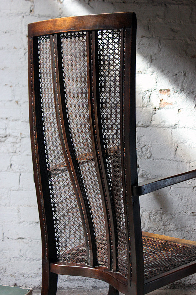 A Good Quality Early 20thC Arts & Crafts Period High-Back Oak & Wicker Upholstered Open Armchair c.1900-15
