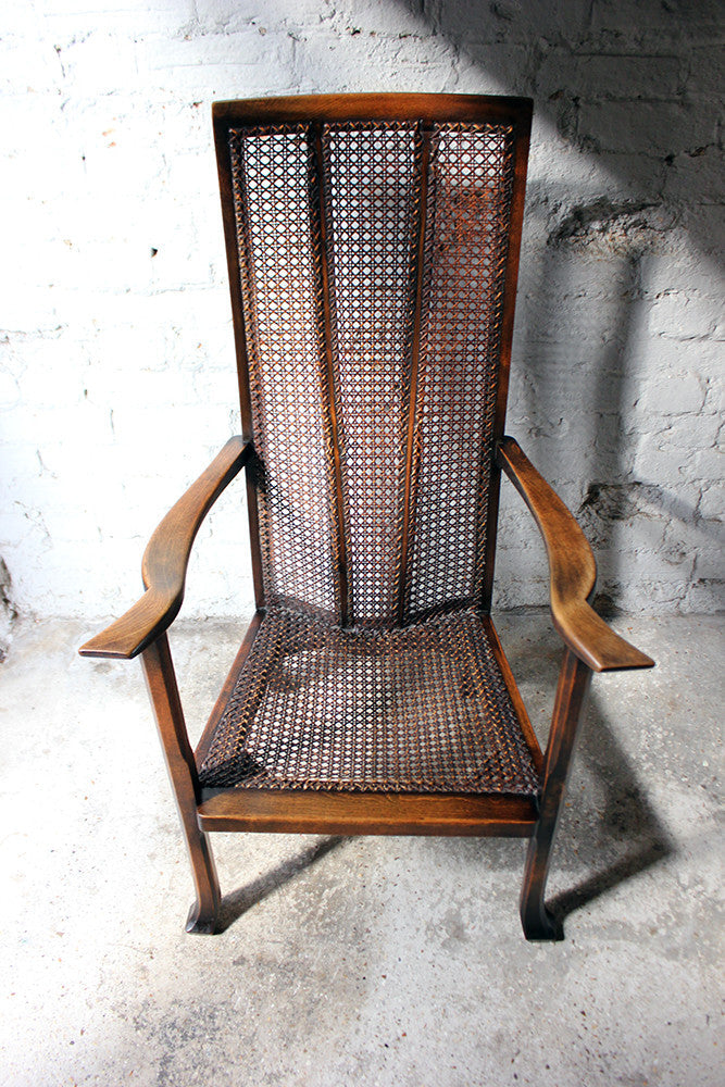 A Good Quality Early 20thC Arts & Crafts Period High-Back Oak & Wicker Upholstered Open Armchair c.1900-15