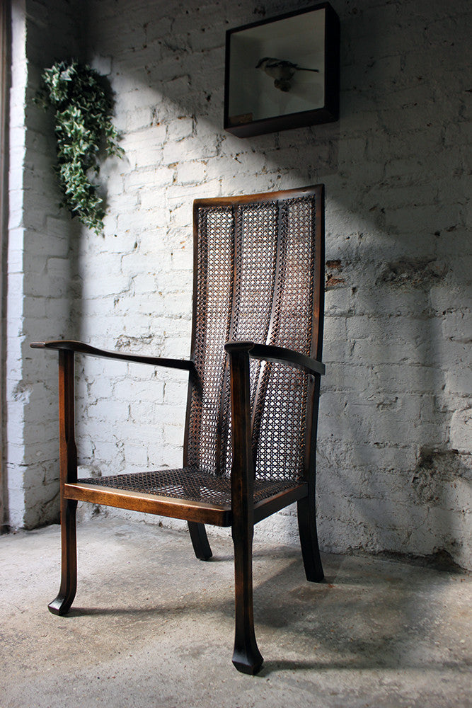 A Good Quality Early 20thC Arts & Crafts Period High-Back Oak & Wicker Upholstered Open Armchair c.1900-15