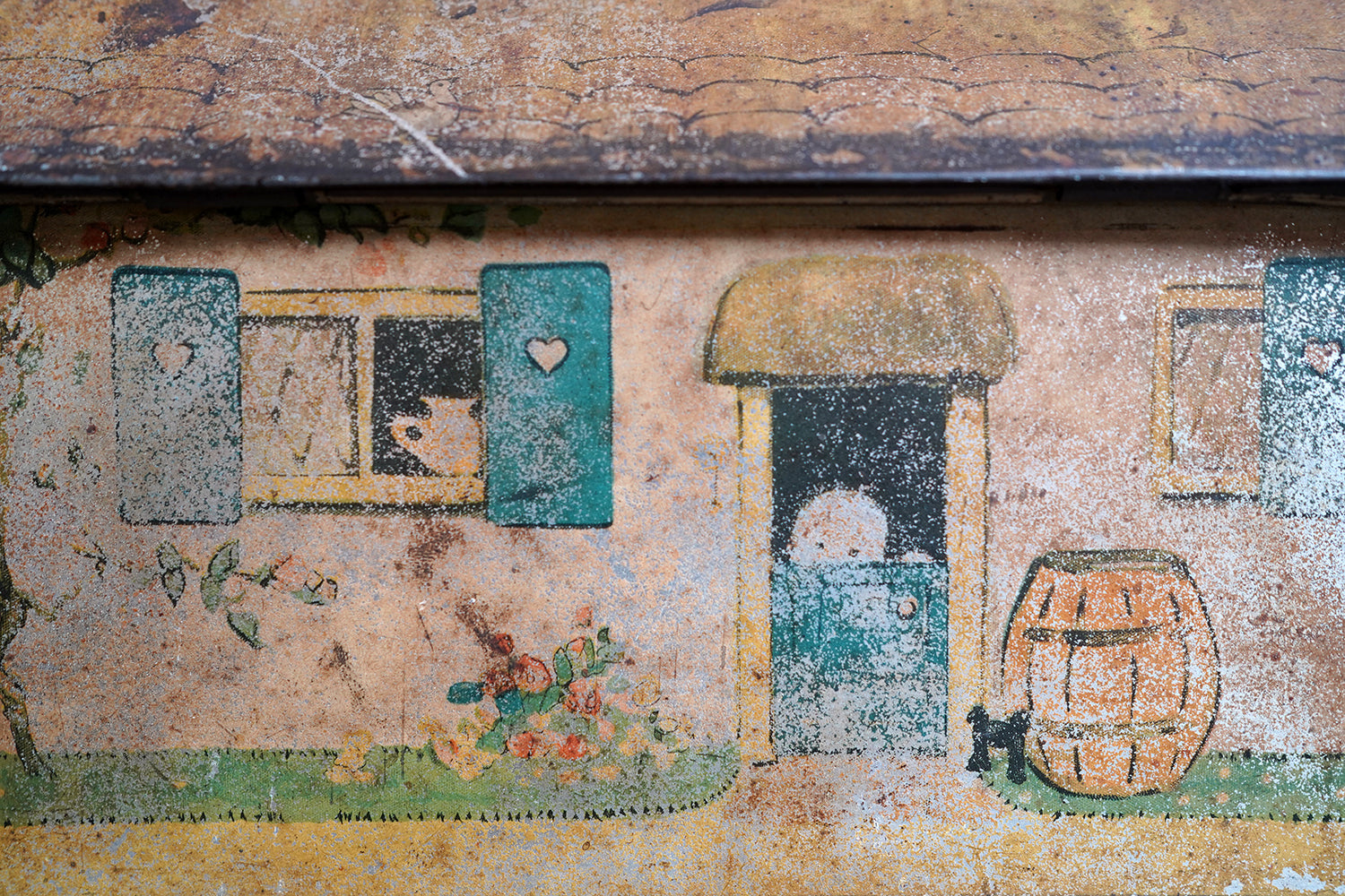 A Charming c.1930s Crawford & Sons Ltd Tin Biscuit Barrel Money Box; 'Bicky House' by Mabel Lucie Attwell