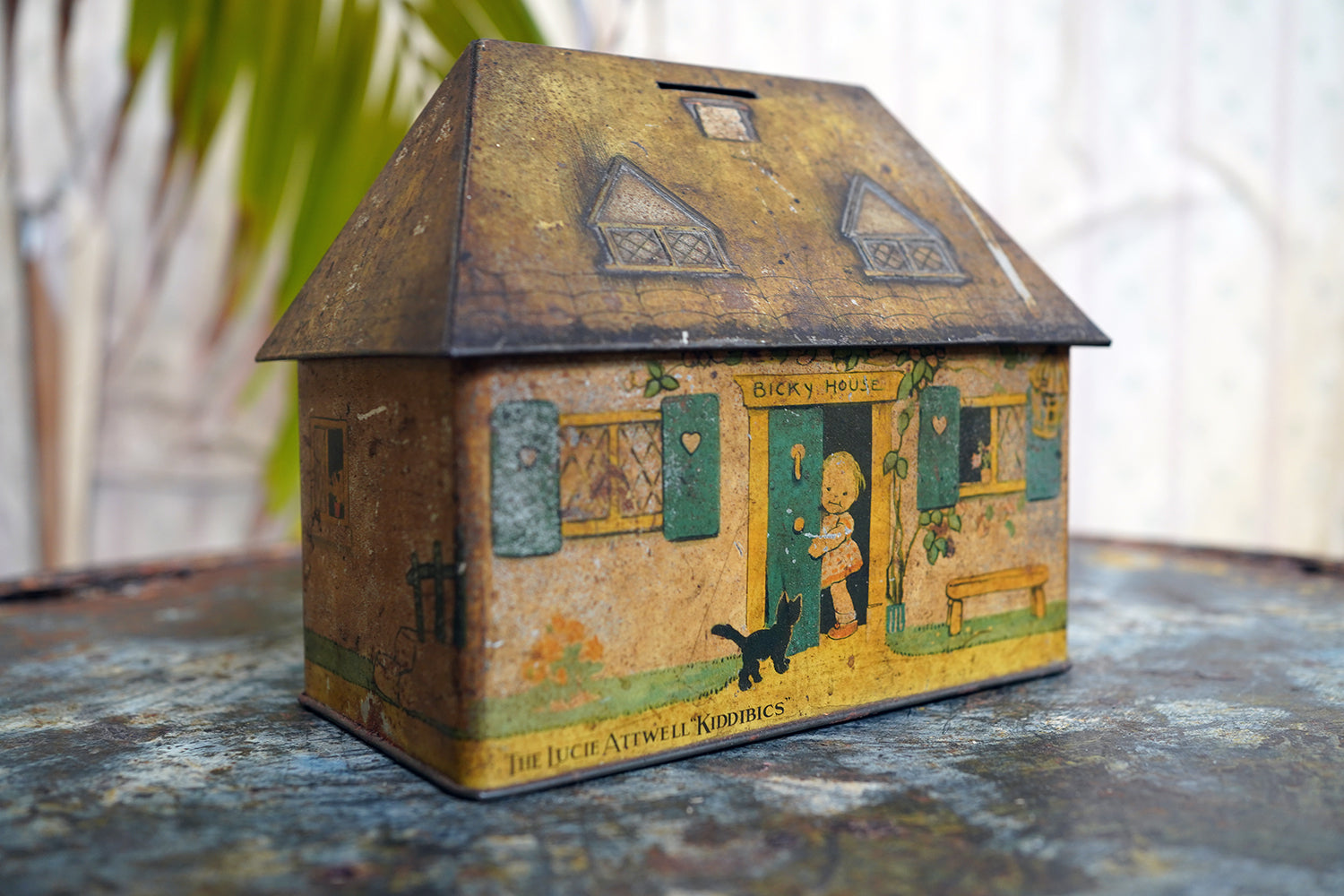 A Charming c.1930s Crawford & Sons Ltd Tin Biscuit Barrel Money Box; 'Bicky House' by Mabel Lucie Attwell