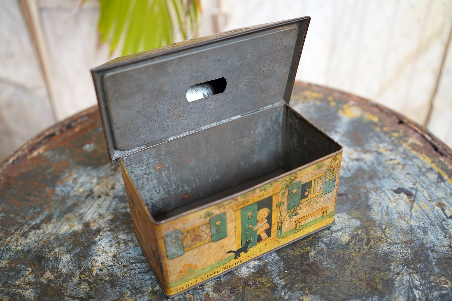 A Charming c.1930s Crawford & Sons Ltd Tin Biscuit Barrel Money Box; 'Bicky House' by Mabel Lucie Attwell