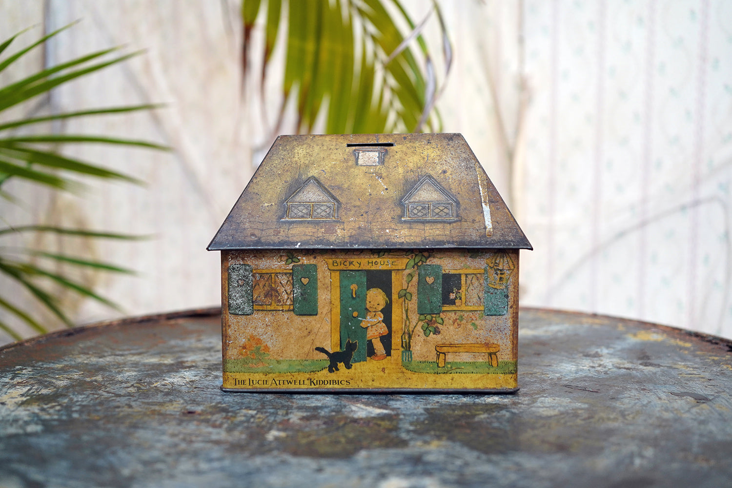 A Charming c.1930s Crawford & Sons Ltd Tin Biscuit Barrel Money Box; 'Bicky House' by Mabel Lucie Attwell
