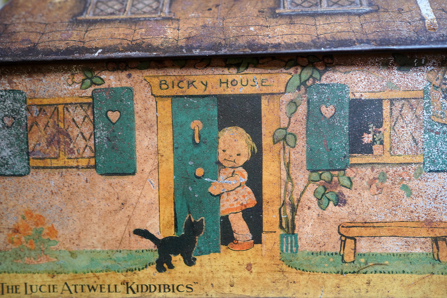 A Charming c.1930s Crawford & Sons Ltd Tin Biscuit Barrel Money Box; 'Bicky House' by Mabel Lucie Attwell