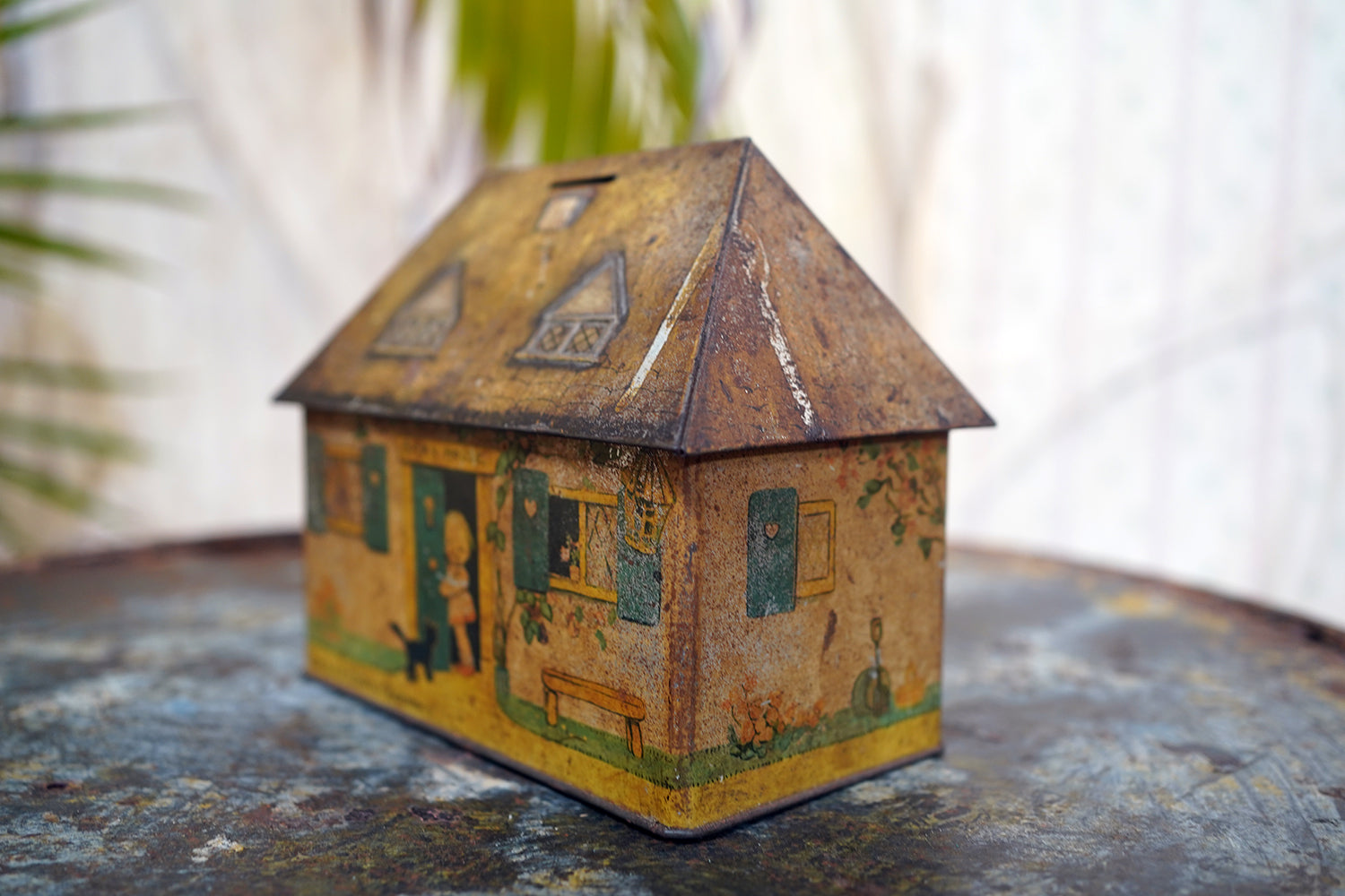 A Charming c.1930s Crawford & Sons Ltd Tin Biscuit Barrel Money Box; 'Bicky House' by Mabel Lucie Attwell