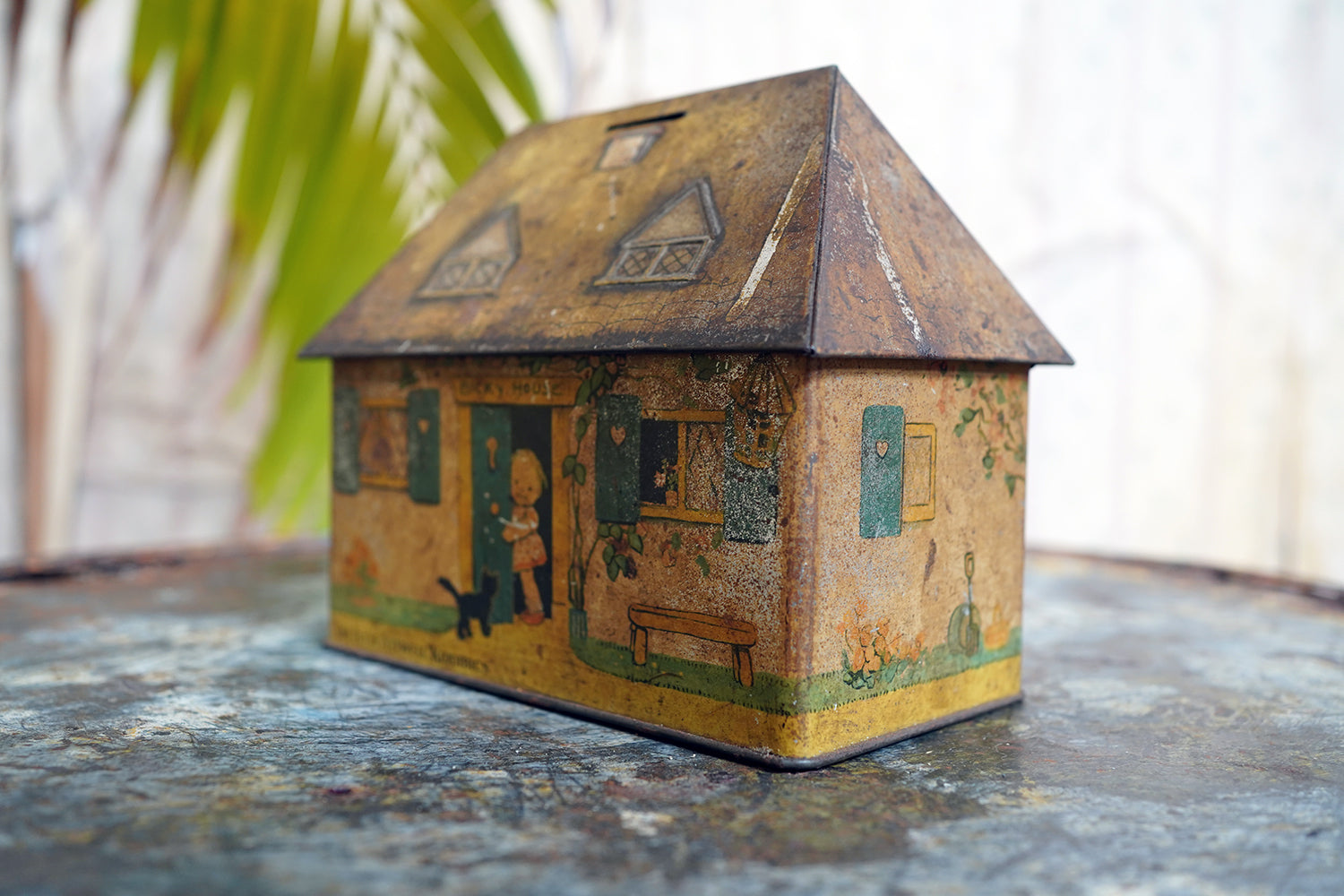 A Charming c.1930s Crawford & Sons Ltd Tin Biscuit Barrel Money Box; 'Bicky House' by Mabel Lucie Attwell