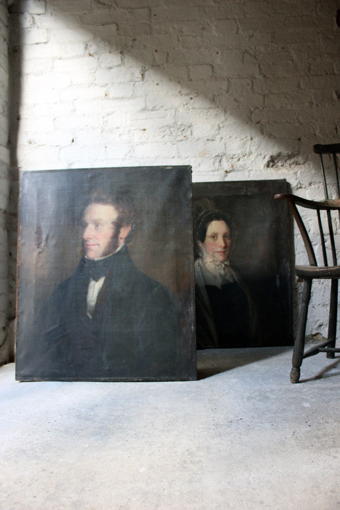 A Good Pair of c.1840s English School Provincial Oil on Canvas Portraits of a Gentleman & His Wife