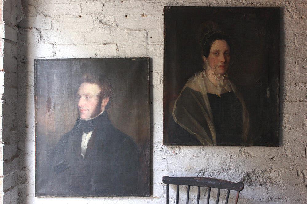 A Good Pair of c.1840s English School Provincial Oil on Canvas Portraits of a Gentleman & His Wife