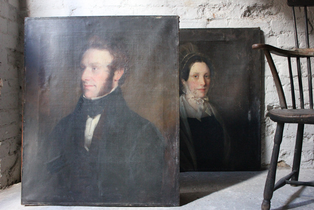 A Good Pair of c.1840s English School Provincial Oil on Canvas Portraits of a Gentleman & His Wife