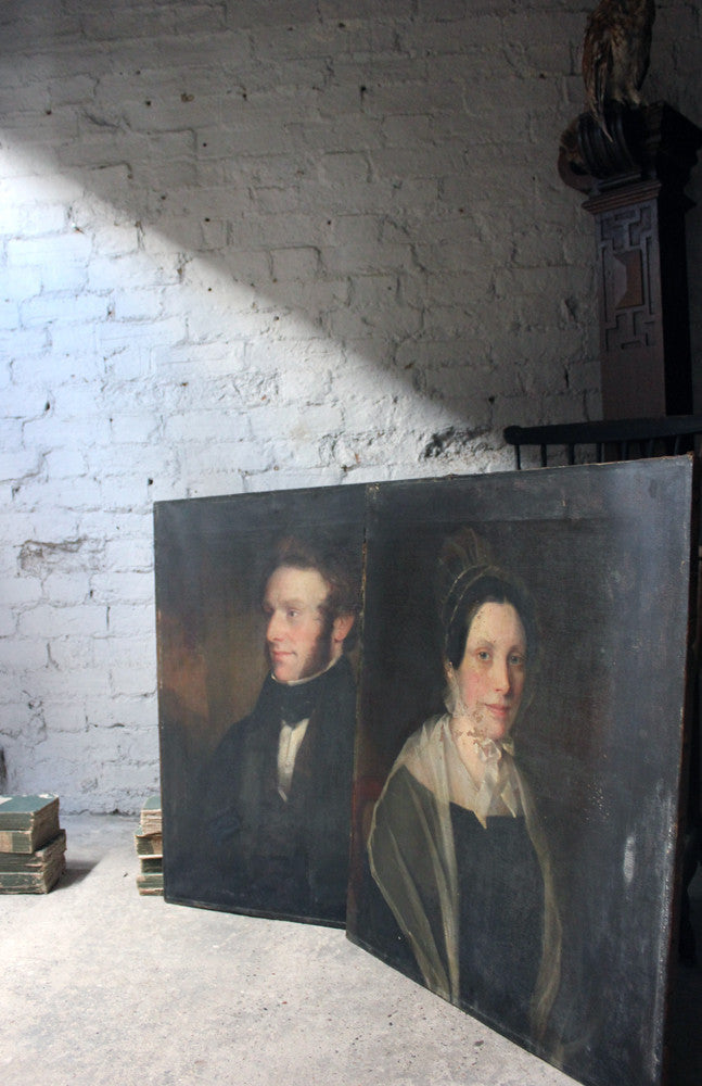 A Good Pair of c.1840s English School Provincial Oil on Canvas Portraits of a Gentleman & His Wife