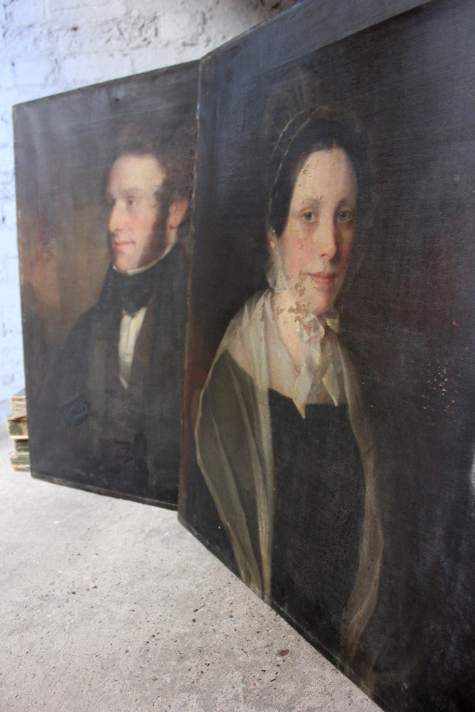 A Good Pair of c.1840s English School Provincial Oil on Canvas Portraits of a Gentleman & His Wife