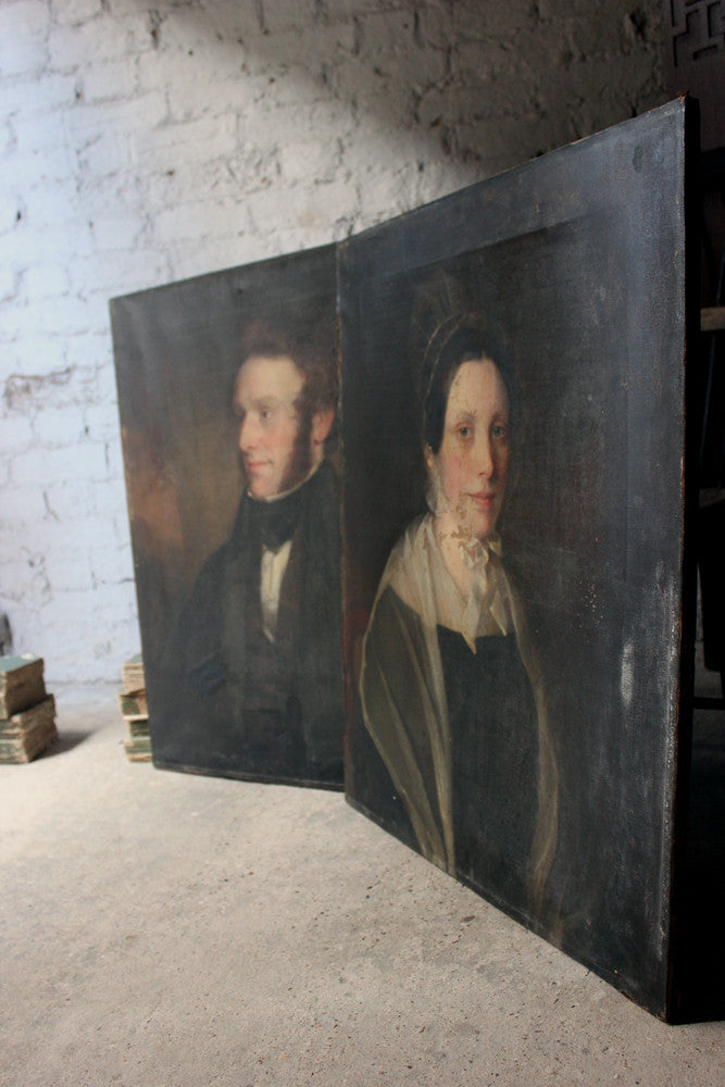 A Good Pair of c.1840s English School Provincial Oil on Canvas Portraits of a Gentleman & His Wife