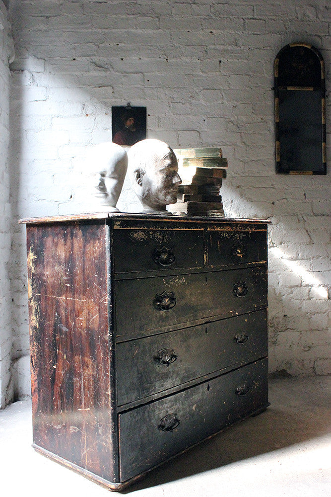A Decorative c.1900 Black Painted Pine Chest of Drawers