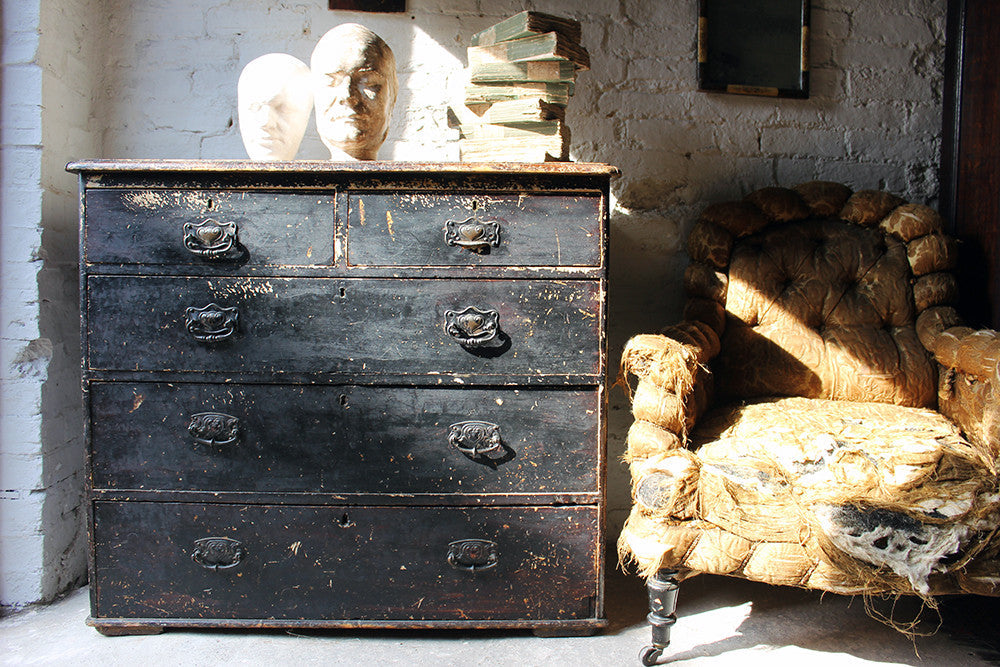 A Decorative c.1900 Black Painted Pine Chest of Drawers