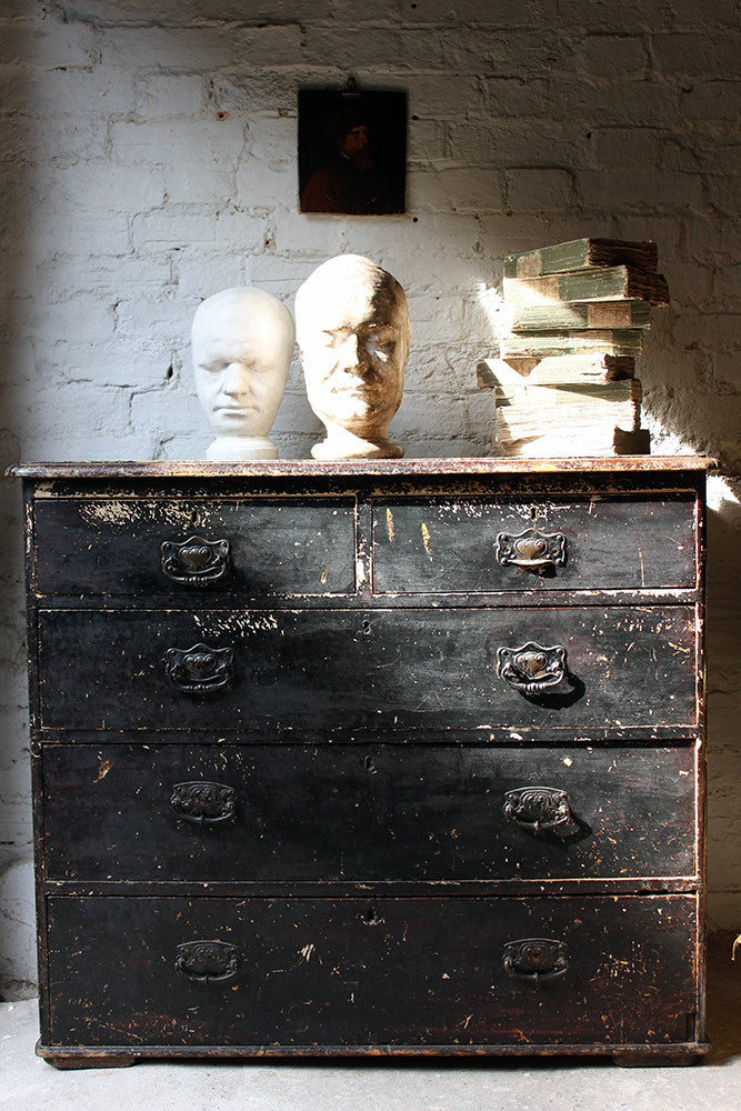 A Decorative c.1900 Black Painted Pine Chest of Drawers