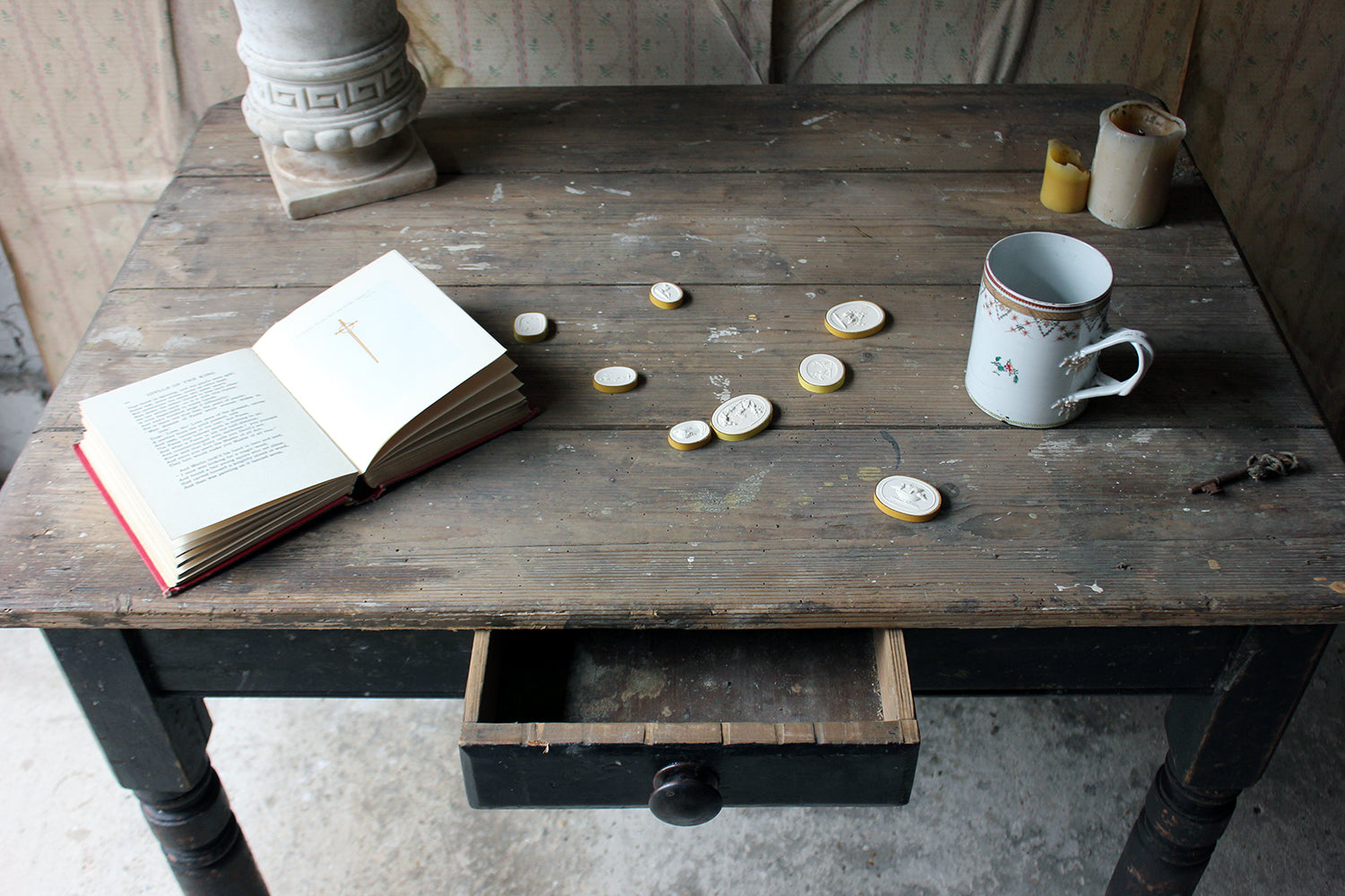A Decorative Black Painted Victorian Farmhouse Pine Table c.1870