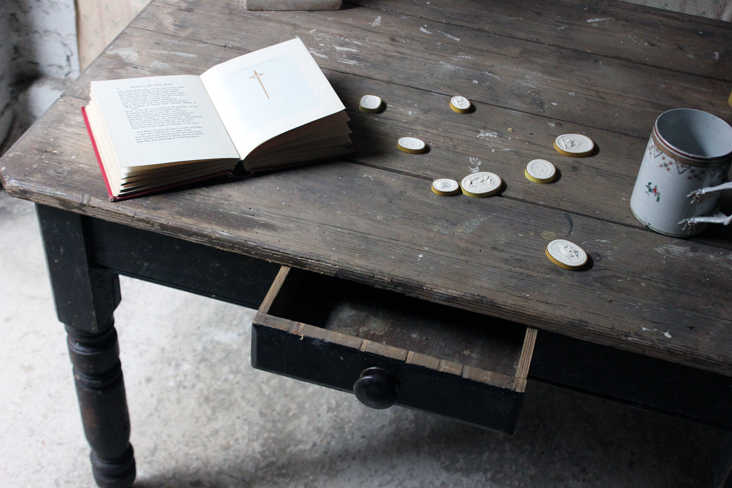 A Decorative Black Painted Victorian Farmhouse Pine Table c.1870
