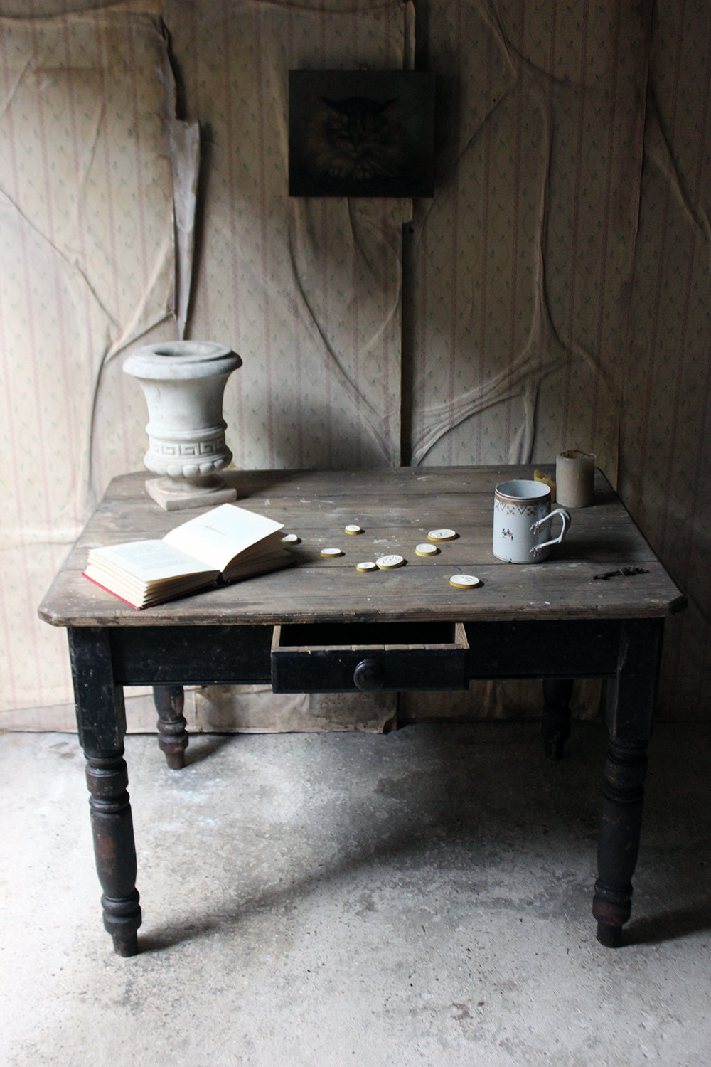 A Decorative Black Painted Victorian Farmhouse Pine Table c.1870