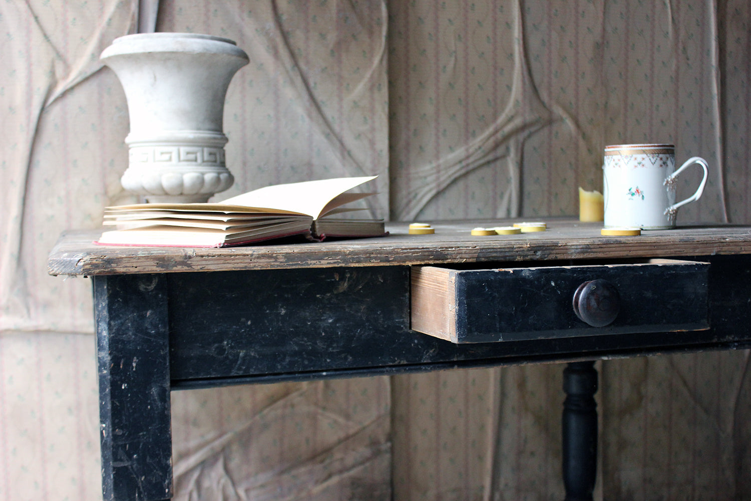 A Decorative Black Painted Victorian Farmhouse Pine Table c.1870