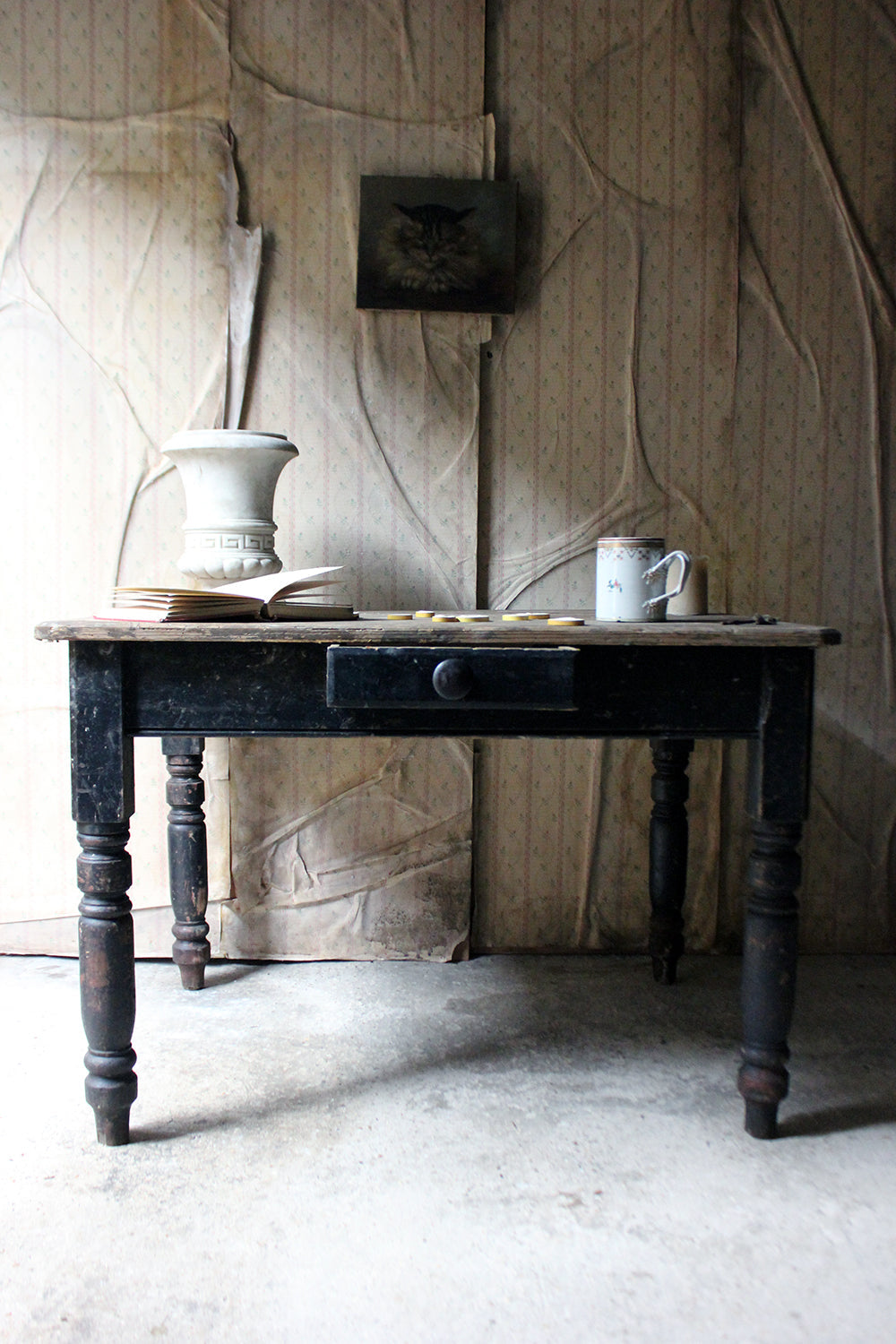 A Decorative Black Painted Victorian Farmhouse Pine Table c.1870