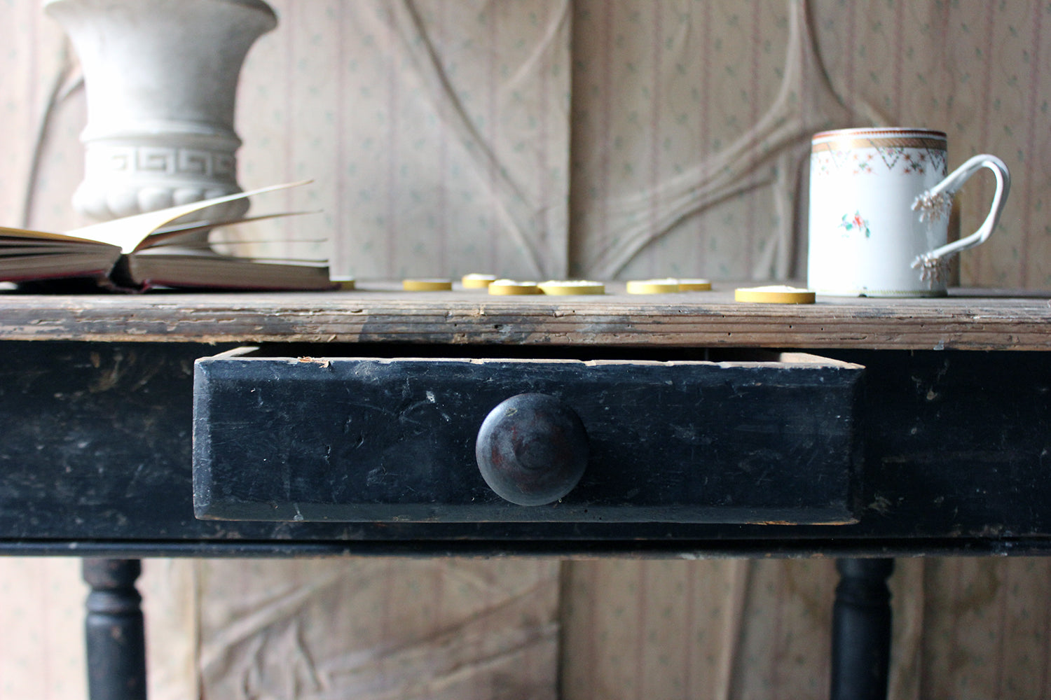 A Decorative Black Painted Victorian Farmhouse Pine Table c.1870