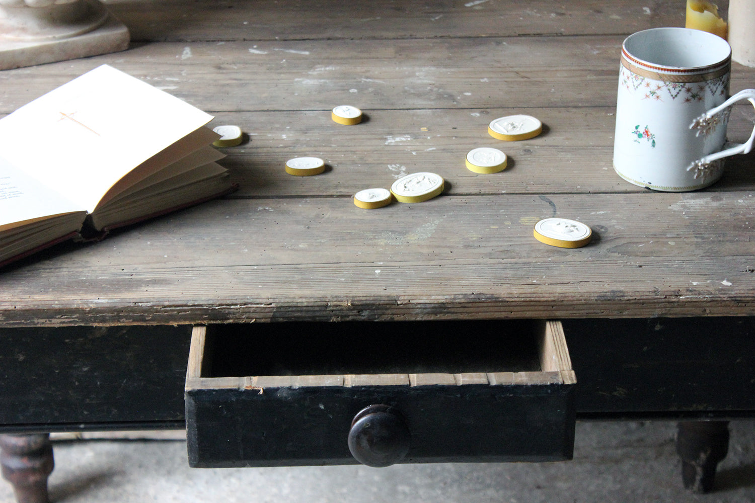 A Decorative Black Painted Victorian Farmhouse Pine Table c.1870