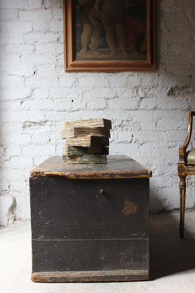 A Decorative Early Victorian Black Painted Pine Trunk c.1850
