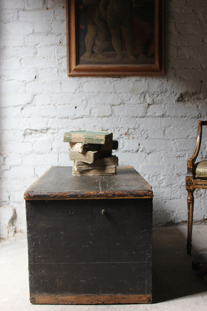 A Decorative Early Victorian Black Painted Pine Trunk c.1850