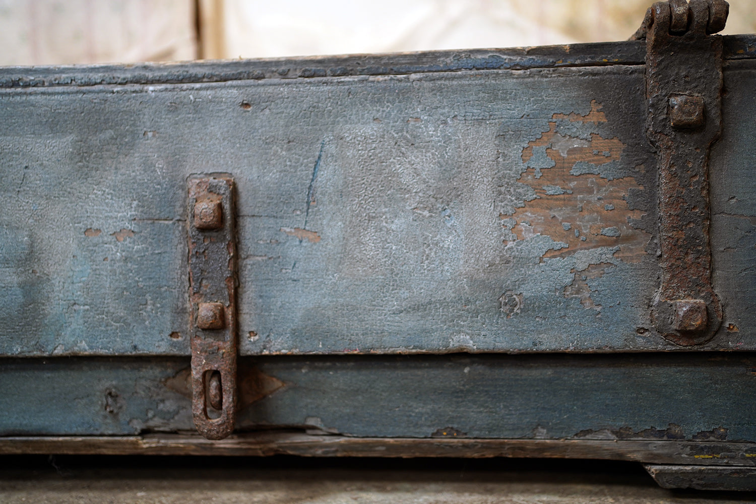 A 19thC Military Issue Blue Painted Pine & Wrought Iron Travelling Trunk