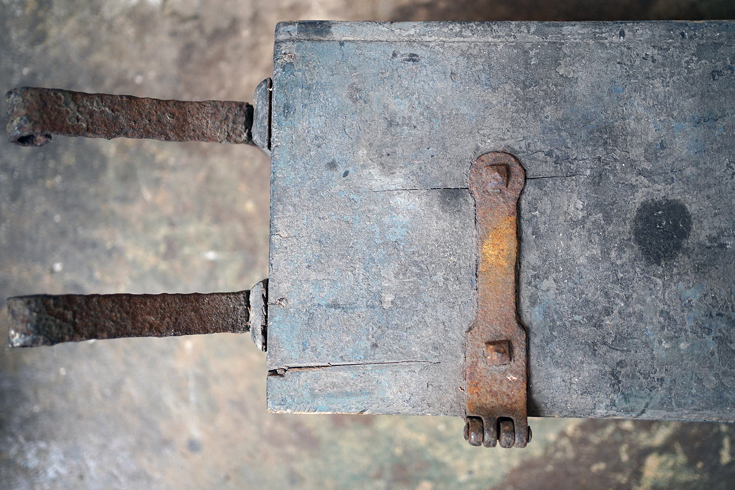 A 19thC Military Issue Blue Painted Pine & Wrought Iron Travelling Trunk