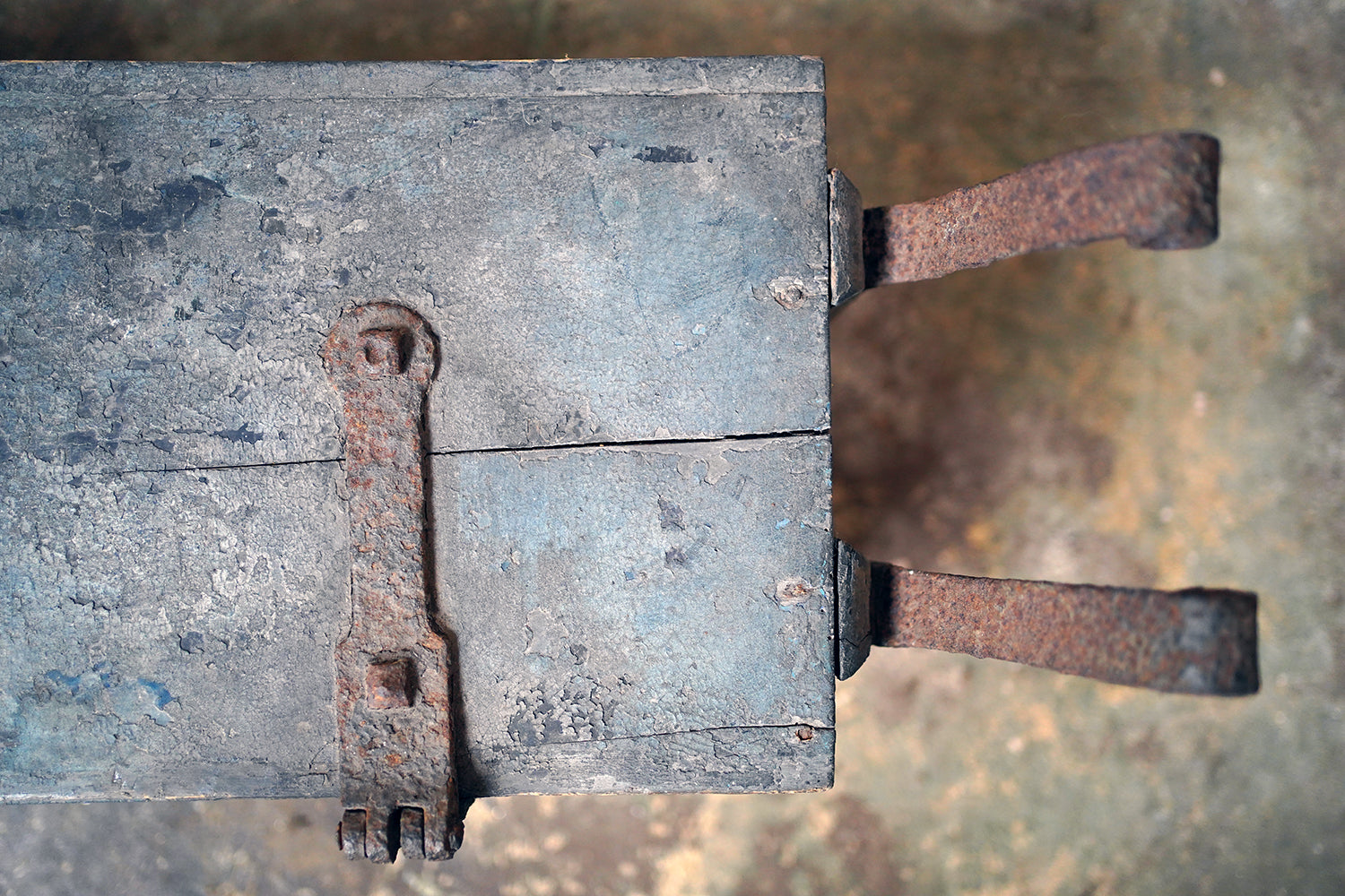 A 19thC Military Issue Blue Painted Pine & Wrought Iron Travelling Trunk