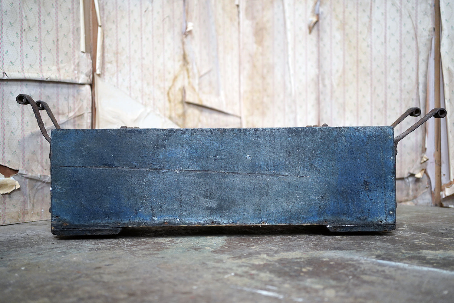 A 19thC Military Issue Blue Painted Pine & Wrought Iron Travelling Trunk