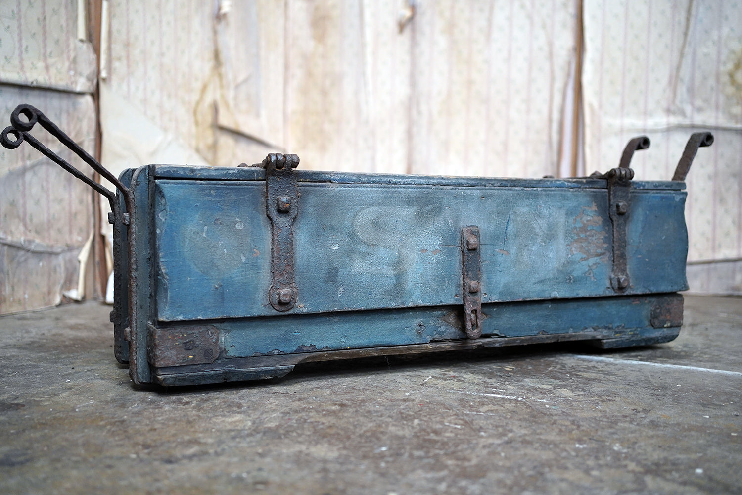 A 19thC Military Issue Blue Painted Pine & Wrought Iron Travelling Trunk
