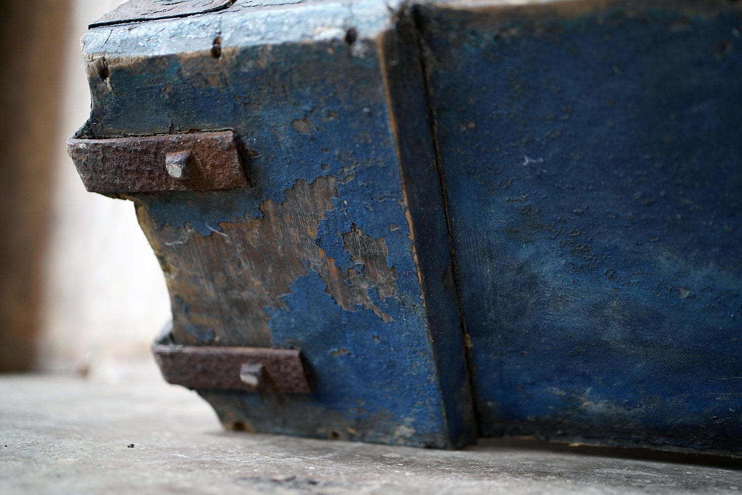 A 19thC Military Issue Blue Painted Pine & Wrought Iron Travelling Trunk