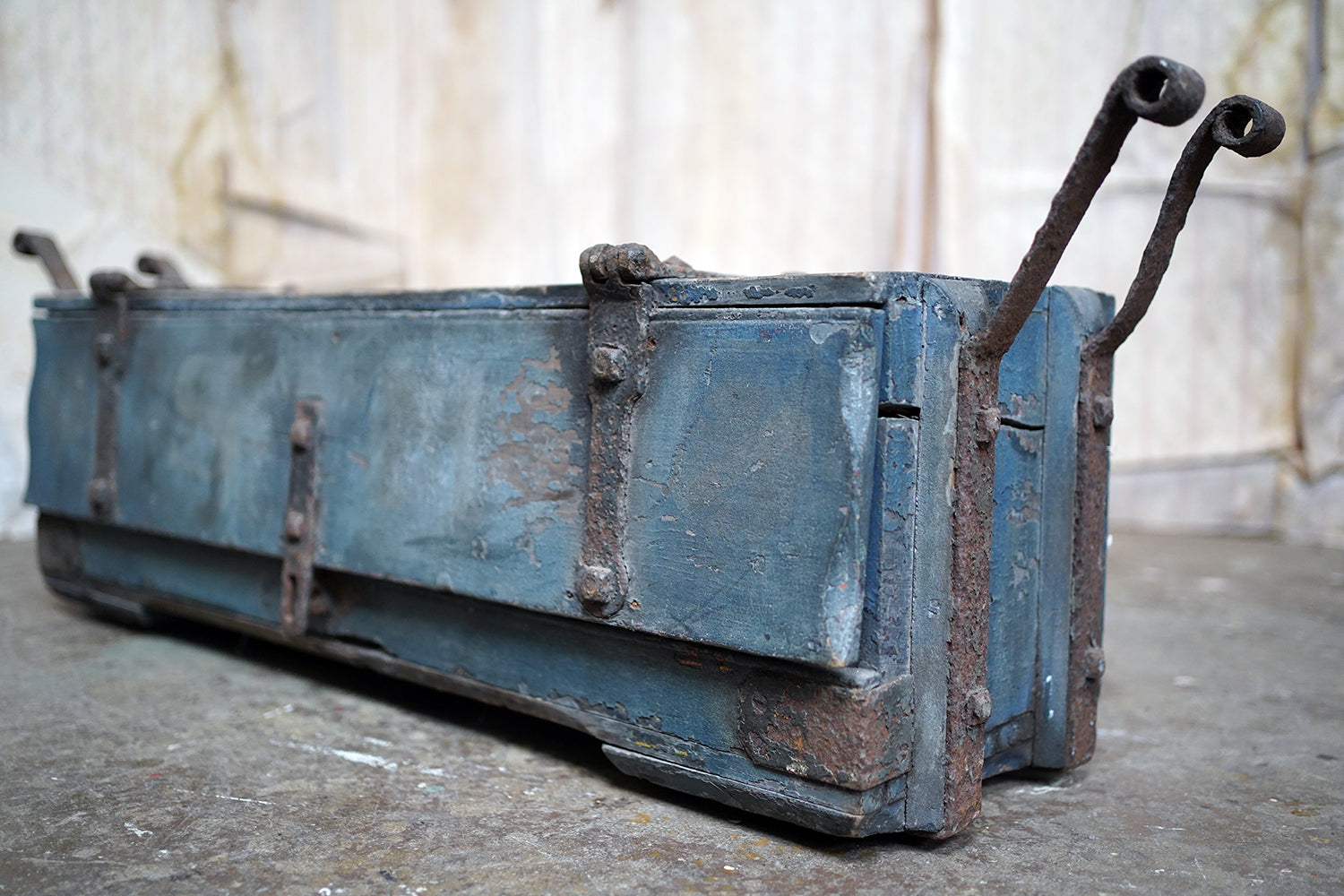 A 19thC Military Issue Blue Painted Pine & Wrought Iron Travelling Trunk