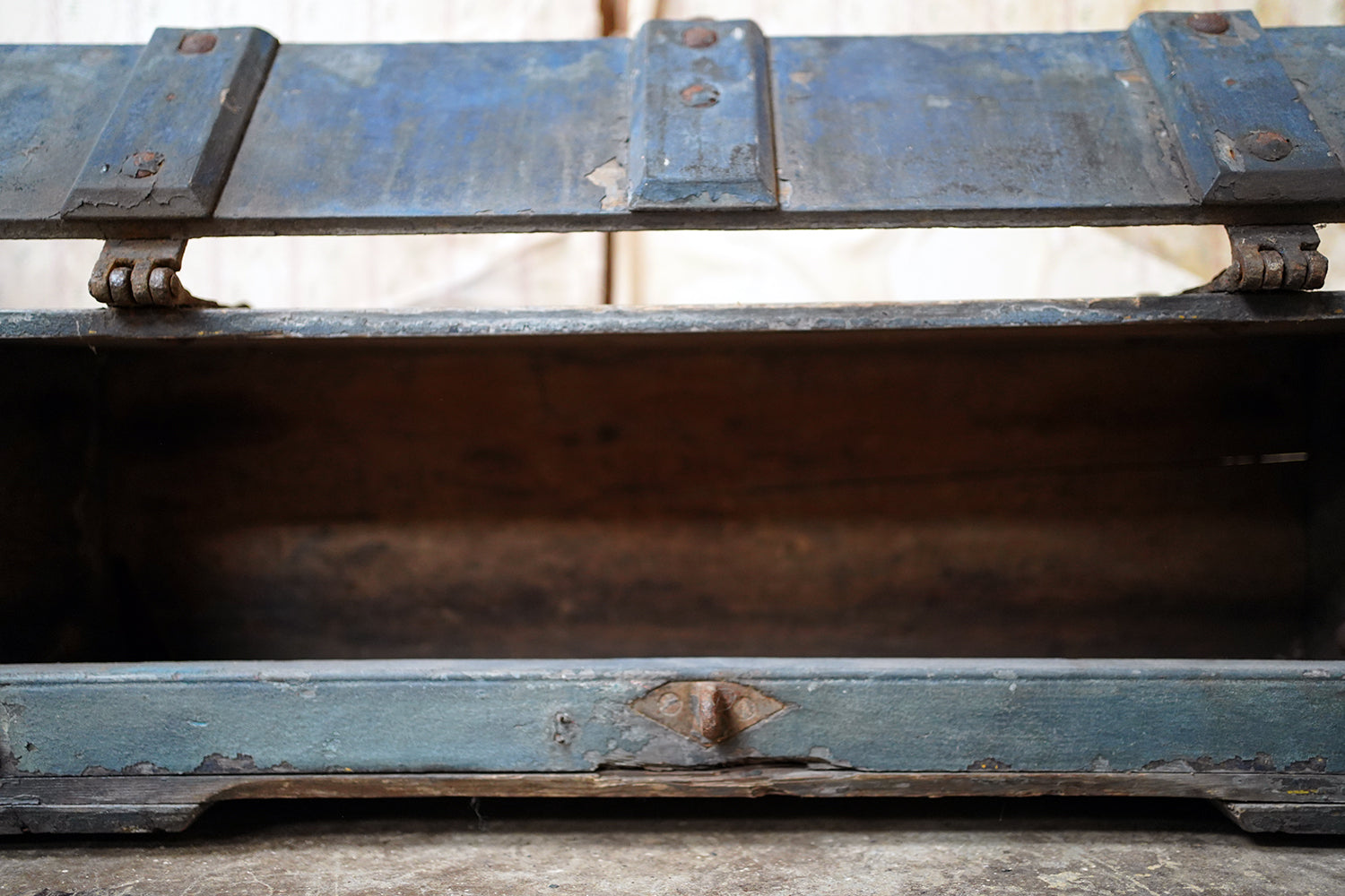 A 19thC Military Issue Blue Painted Pine & Wrought Iron Travelling Trunk