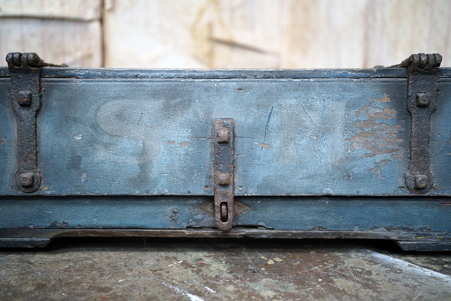 A 19thC Military Issue Blue Painted Pine & Wrought Iron Travelling Trunk