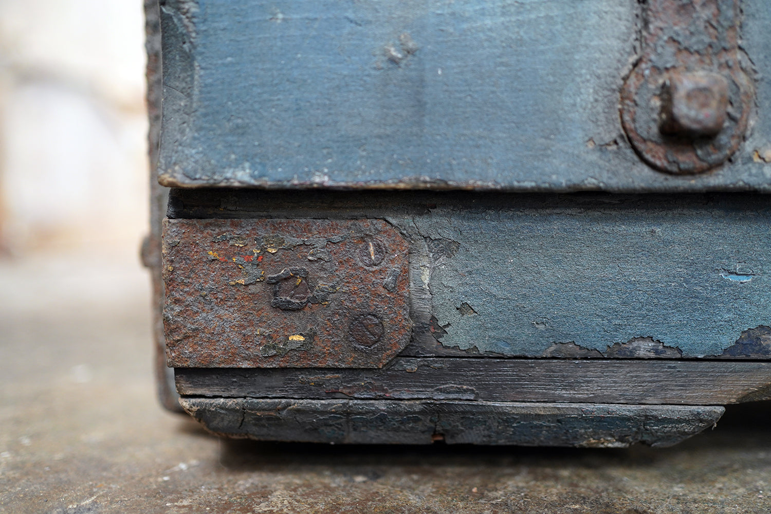 A 19thC Military Issue Blue Painted Pine & Wrought Iron Travelling Trunk