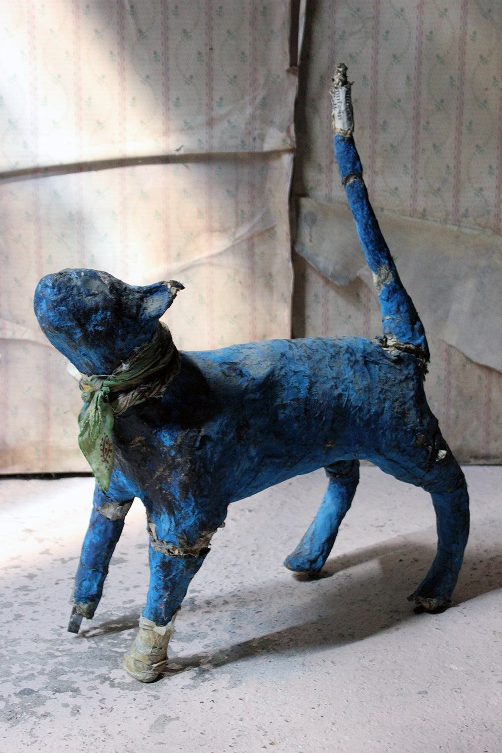 A 20thC Papier-mâché Blue Painted Model of a Cat c.1992