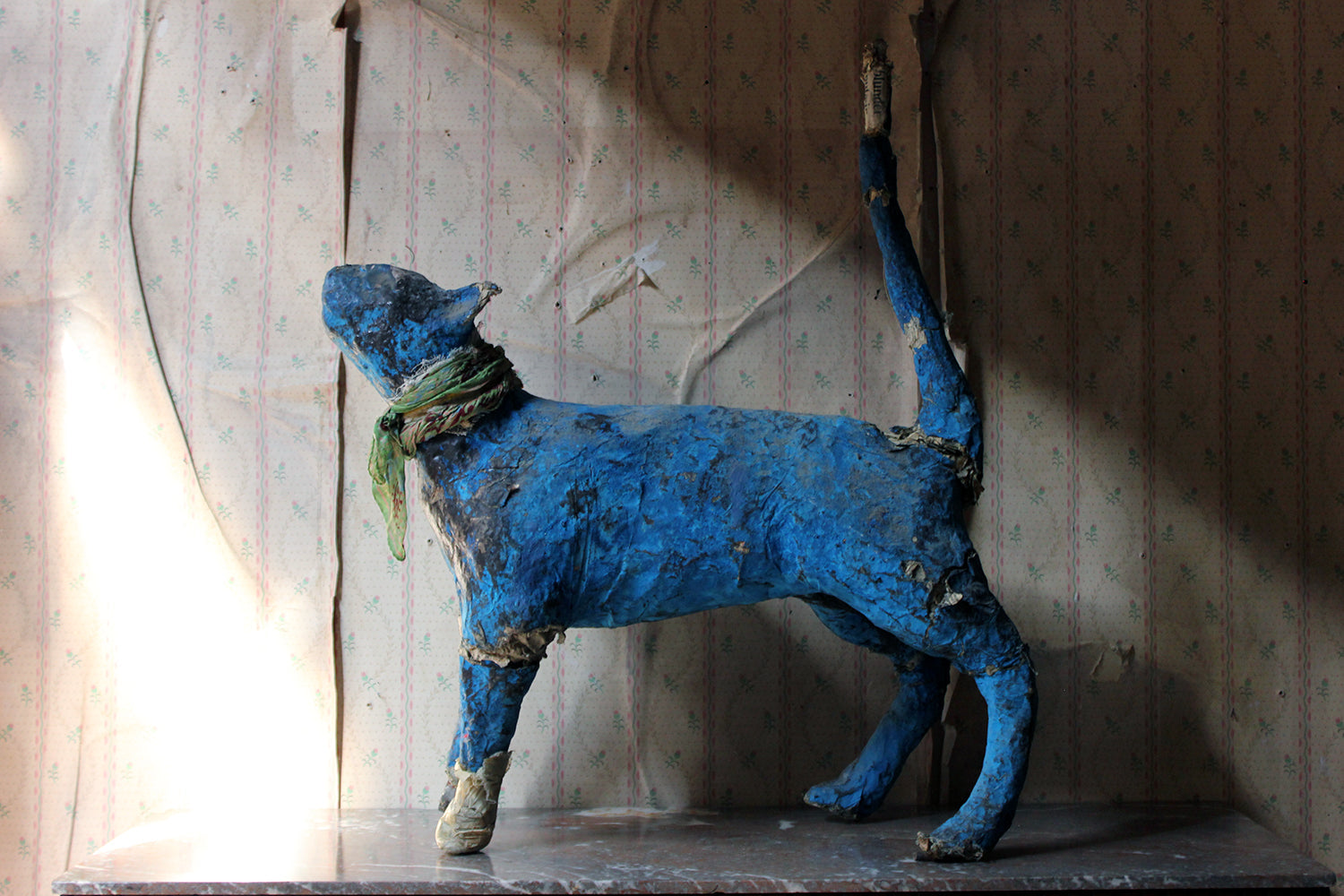 A 20thC Papier-mâché Blue Painted Model of a Cat c.1992