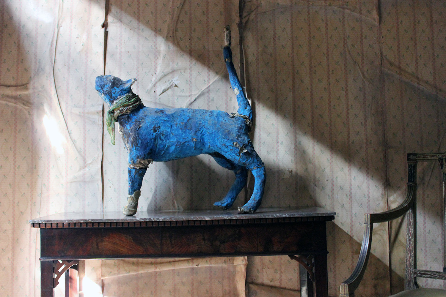 A 20thC Papier-mâché Blue Painted Model of a Cat c.1992