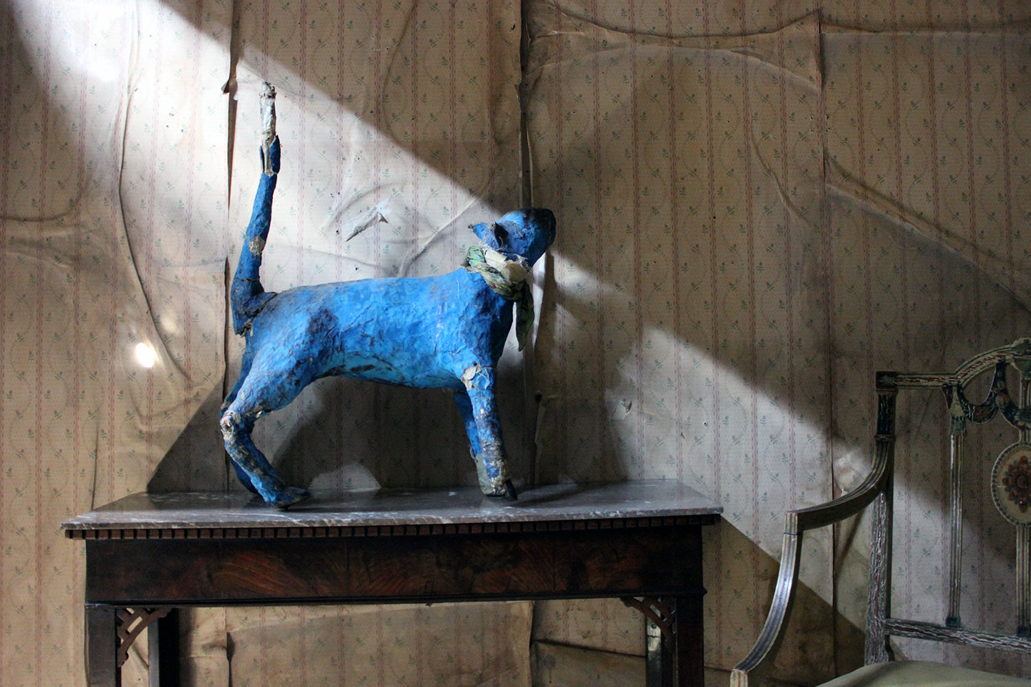 A 20thC Papier-mâché Blue Painted Model of a Cat c.1992