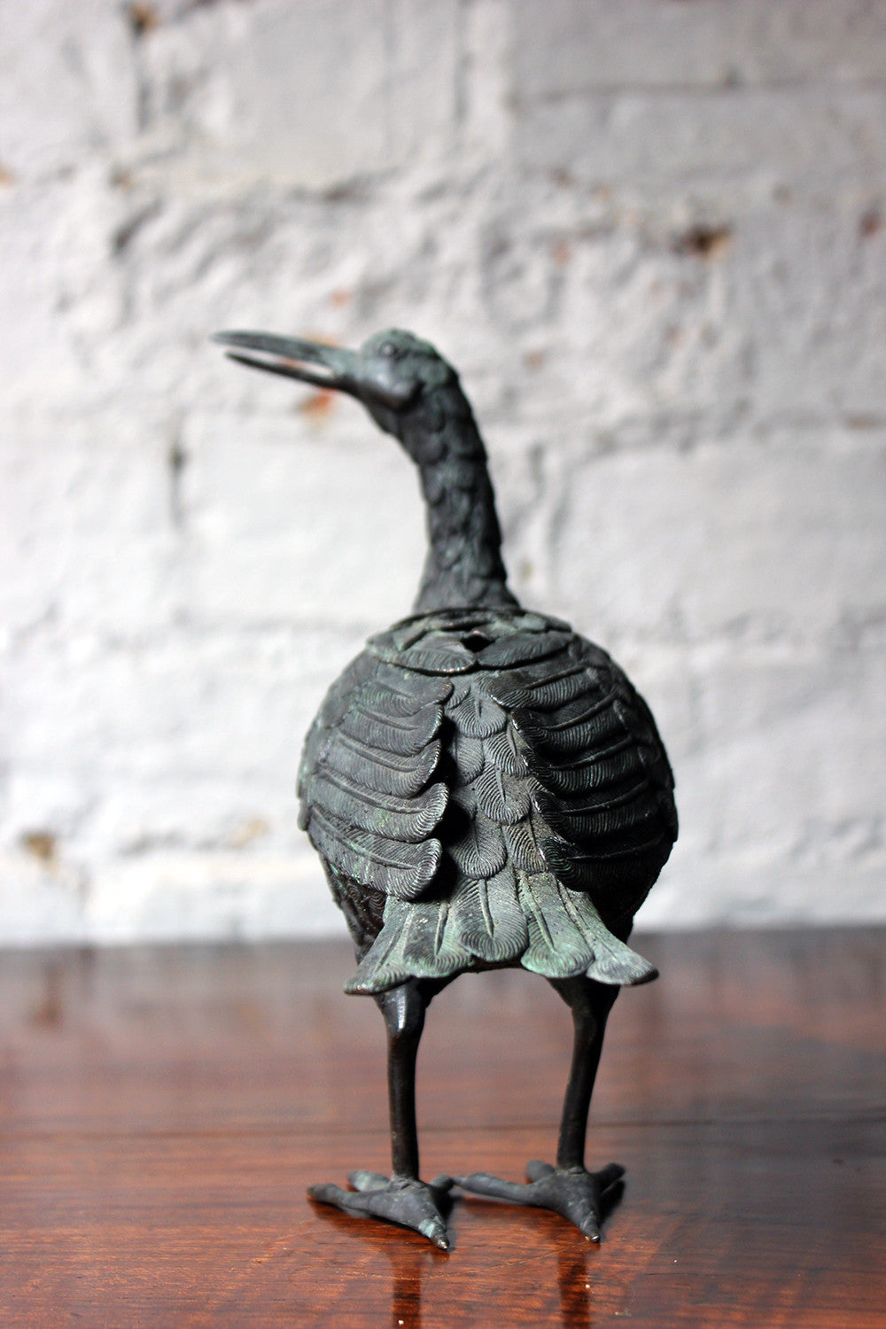 A Good c.1900 Patinated Bronze Incense Burner Formed as a Water Bird