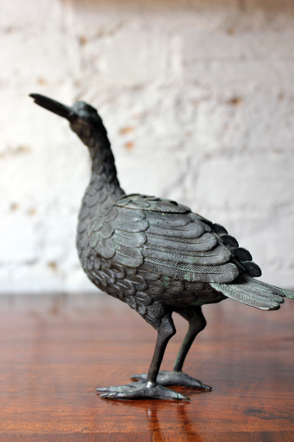 A Good c.1900 Patinated Bronze Incense Burner Formed as a Water Bird