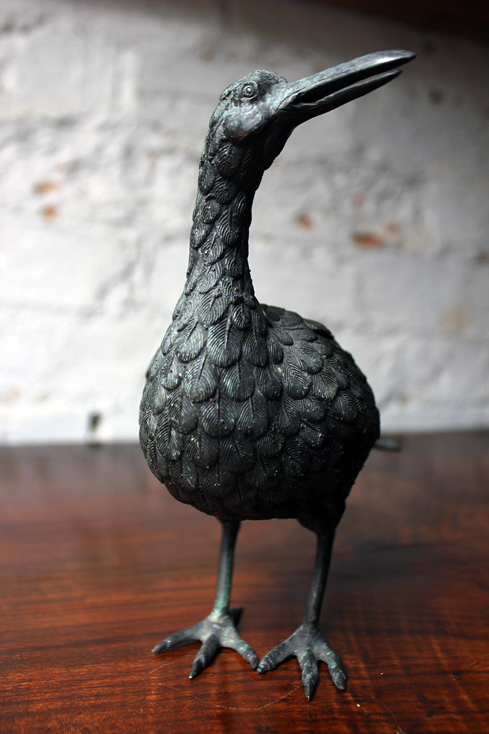 A Good c.1900 Patinated Bronze Incense Burner Formed as a Water Bird