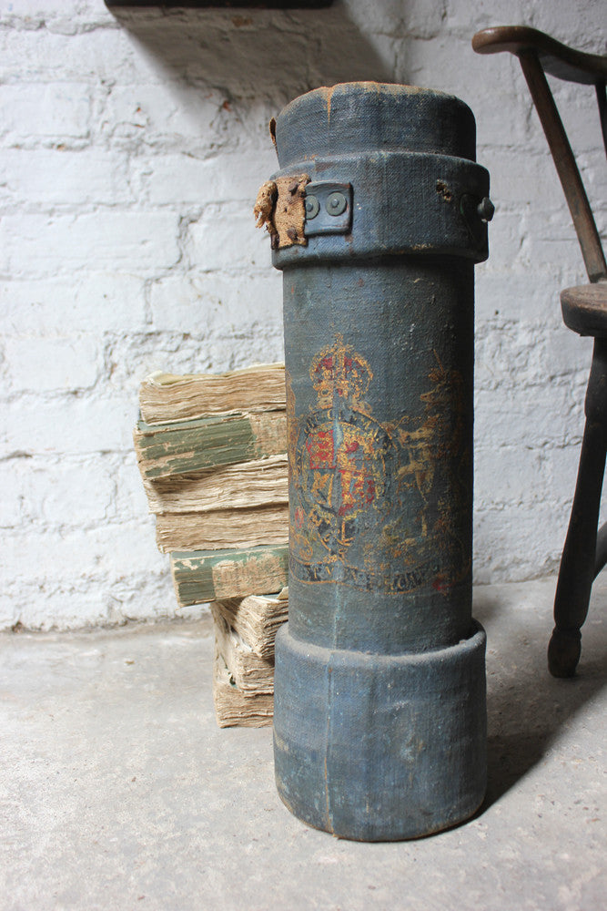 A Decorative c.1900 Blue Canvas Cylindrical Royal Artillery Shell Carrier