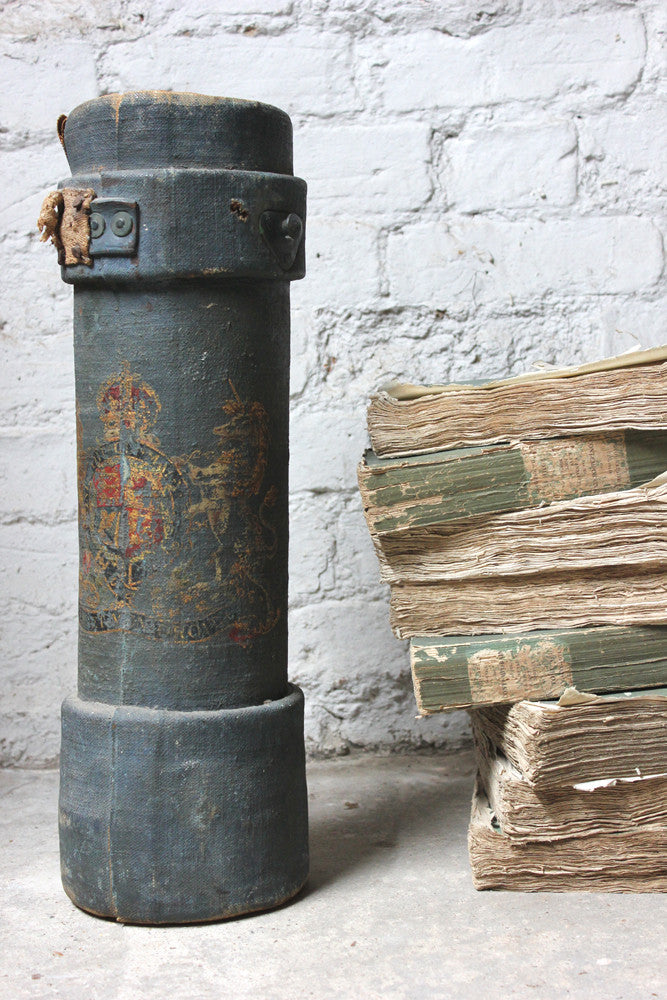A Decorative c.1900 Blue Canvas Cylindrical Royal Artillery Shell Carrier