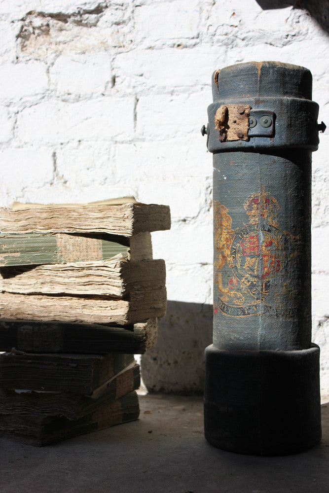 A Decorative c.1900 Blue Canvas Cylindrical Royal Artillery Shell Carrier