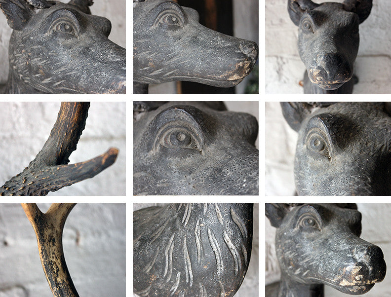 A Good Early Bavarian Carved & Painted Antler Mounted Stag Head Wall Trophy c.1800