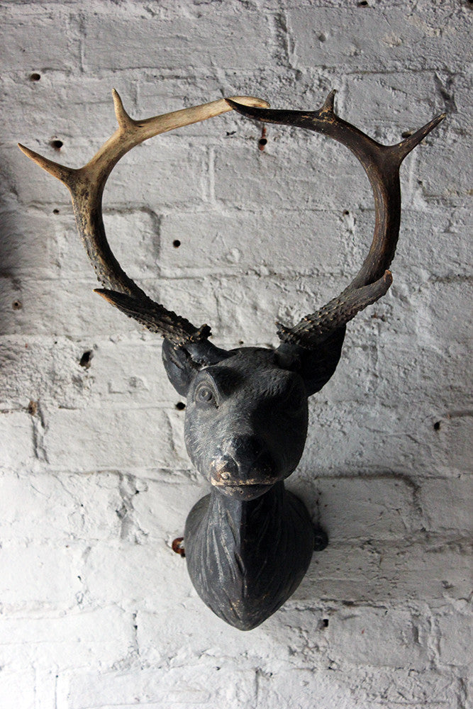 A Good Early Bavarian Carved & Painted Antler Mounted Stag Head Wall Trophy c.1800
